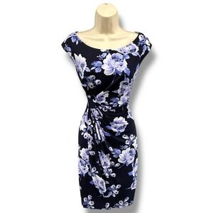 Connected Apparel Petite 8P Periwinkle Floral‎ Draped Ruched Dress NWT